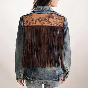 Women's Western Denim Jacket with Galloping Horse Tooled Leather Yoke & Fringe