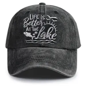 Funny Lake Accessories Decorations Gifts, Lake Life Summer Hats for Women Men, Life is Better at the Lake Sun Hat, Vintage Adjustable Cotton Embroidered Boat Beach Baseball Cap