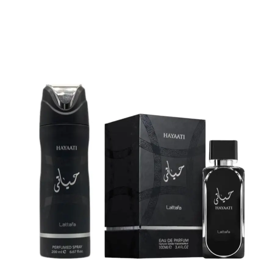 Lattafa Hayaati Black Men's Fragrance Bundle - 3.4 oz Luxurious Perfume Bottle + 200ml Premium Refined Rich Scent Male Body Spray, Fruity-Cinnamon-Musky Notes