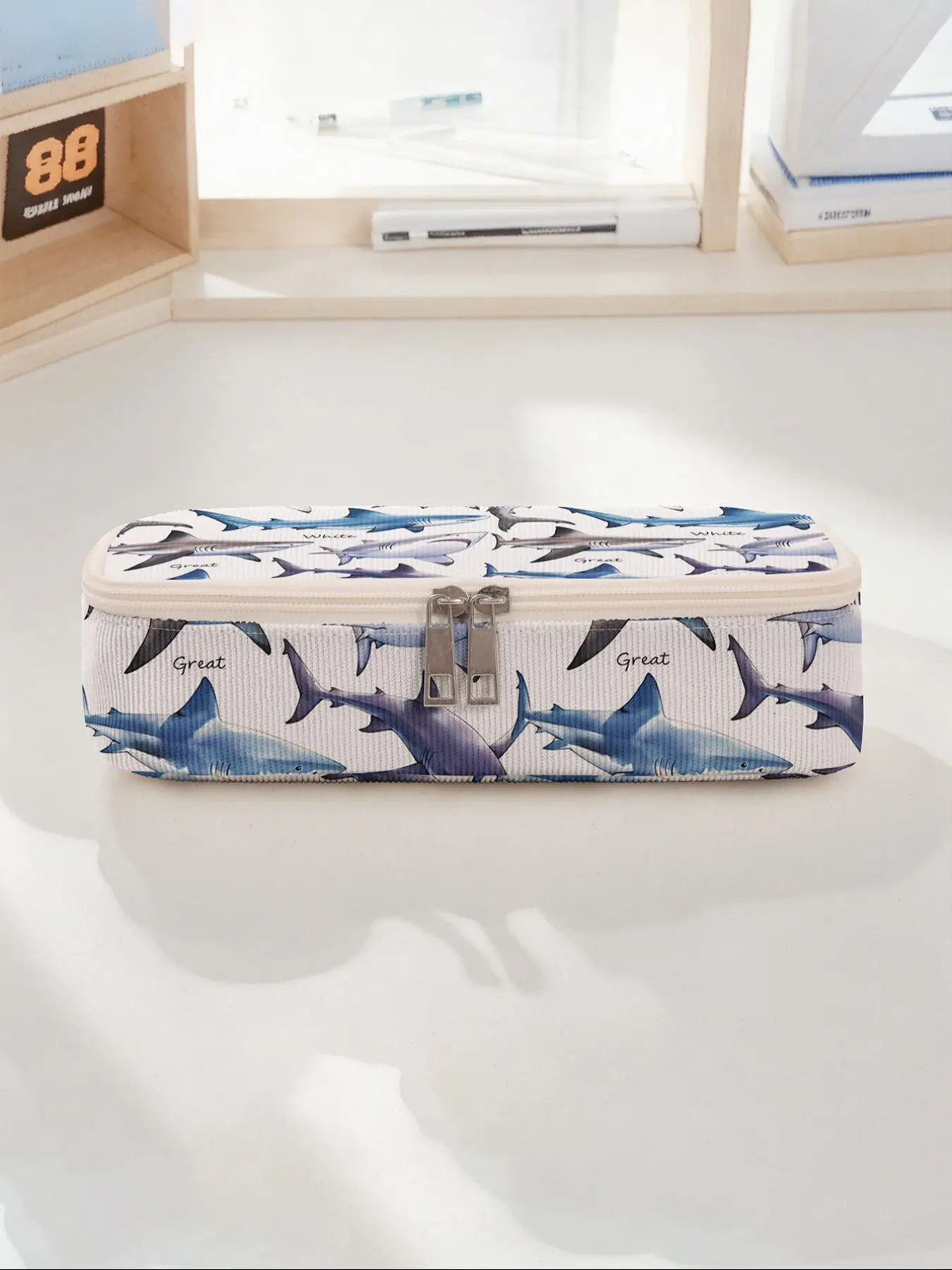 Shark Print Large Capacity Pencil Case, Pencil Pouch, Durable Multi-Functional Storage Bag, Portable Zipper Organizer for School Office Supplies, Student Accessories, Office Stationery Supplies