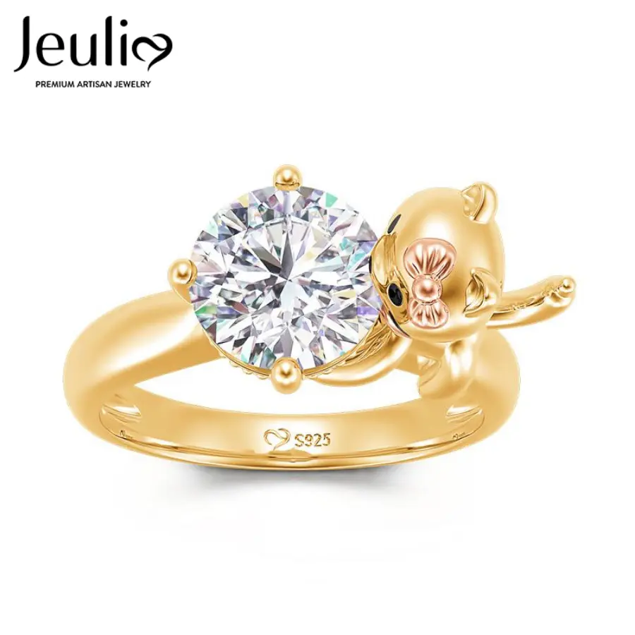 Jeulia Hug Me Series Puppy Statement Ring for Pet Lovers - 925 Sterling Silver Yellow Gold Plated, 2.5 ct Round Cut Jeulia Stone, 7 mm, 2.7 mm Width, Creative Designs, 3.03 g, Unisex Adult Ring, Buffed to a Brilliant Luster
