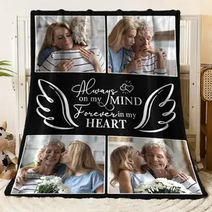 Personalized Memorial Photo with "Always on my Mind Forever in my Heart" Text & Angel Wings Design, Custom Multi - Photo Throw for Remembrance & Family Keepsake, Custom Image Blanket, Commemorative Blanket