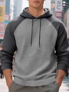 Men's Colorblock Hooded Sweatshirt, Fall & Winter Loose Fit Polyester Casual Hoodie, Textured Checkered Design, Stylish Fitted Top