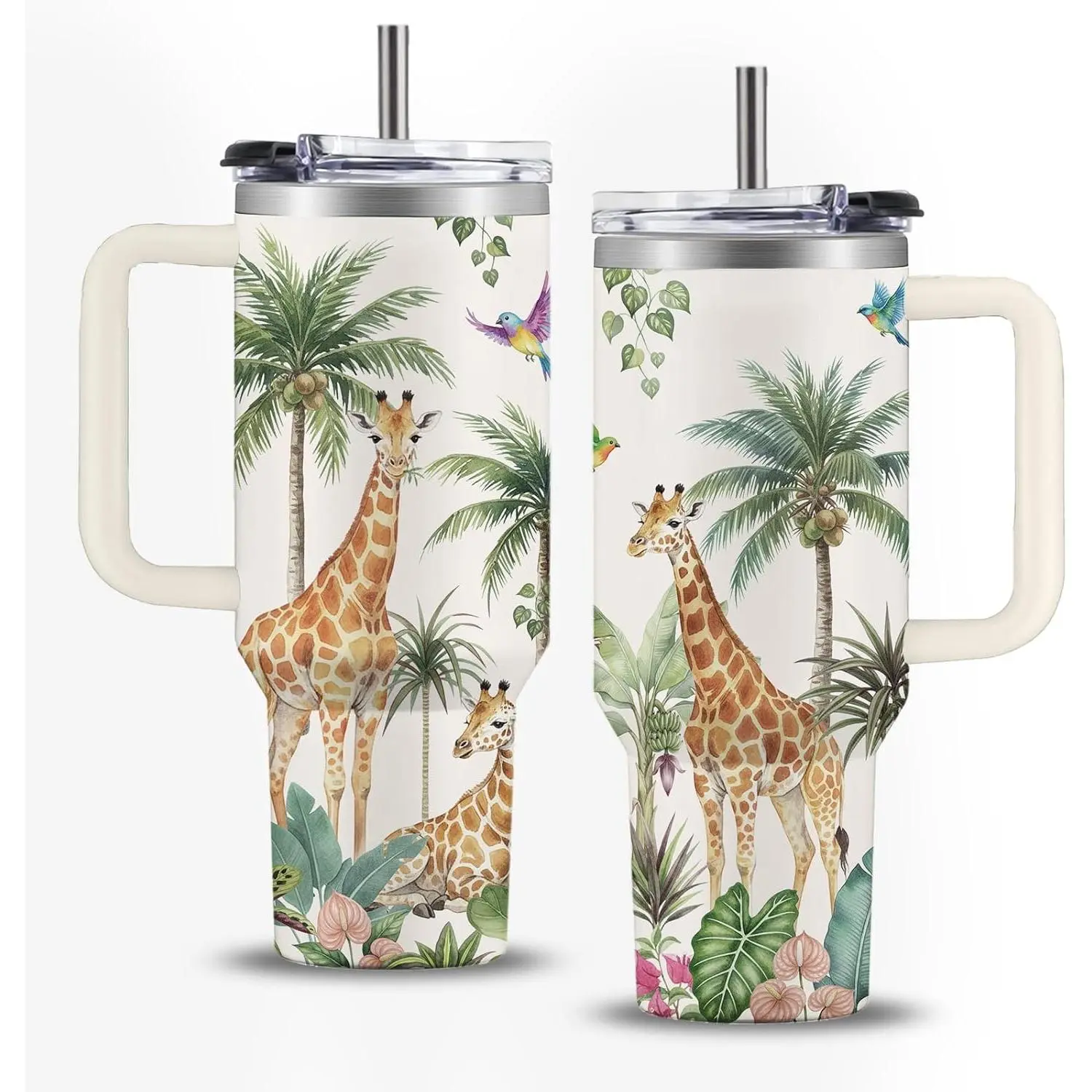 40 Oz Double-Sided Giraffe-Printed Stainless Steel Vacuum Flask Tumbler (2000+ ml Animals Drinkware), Leak-Proof Portable Insulated Water Bottle with Handle & Straw, Explosion-Proof, 13-24H Temp Retention, Thoughtful Gift for Women's Birthdays (1 PCS), An