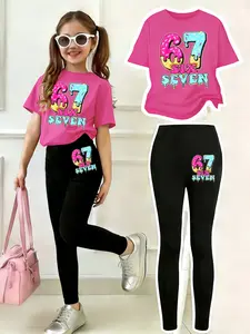 Valentine's Day, Ice Cream & Six Seven Print, 2-Piece Girls Round Neck Short Sleeve Top and Bottom Set, Fine Girls Outfit, 4-12 Years