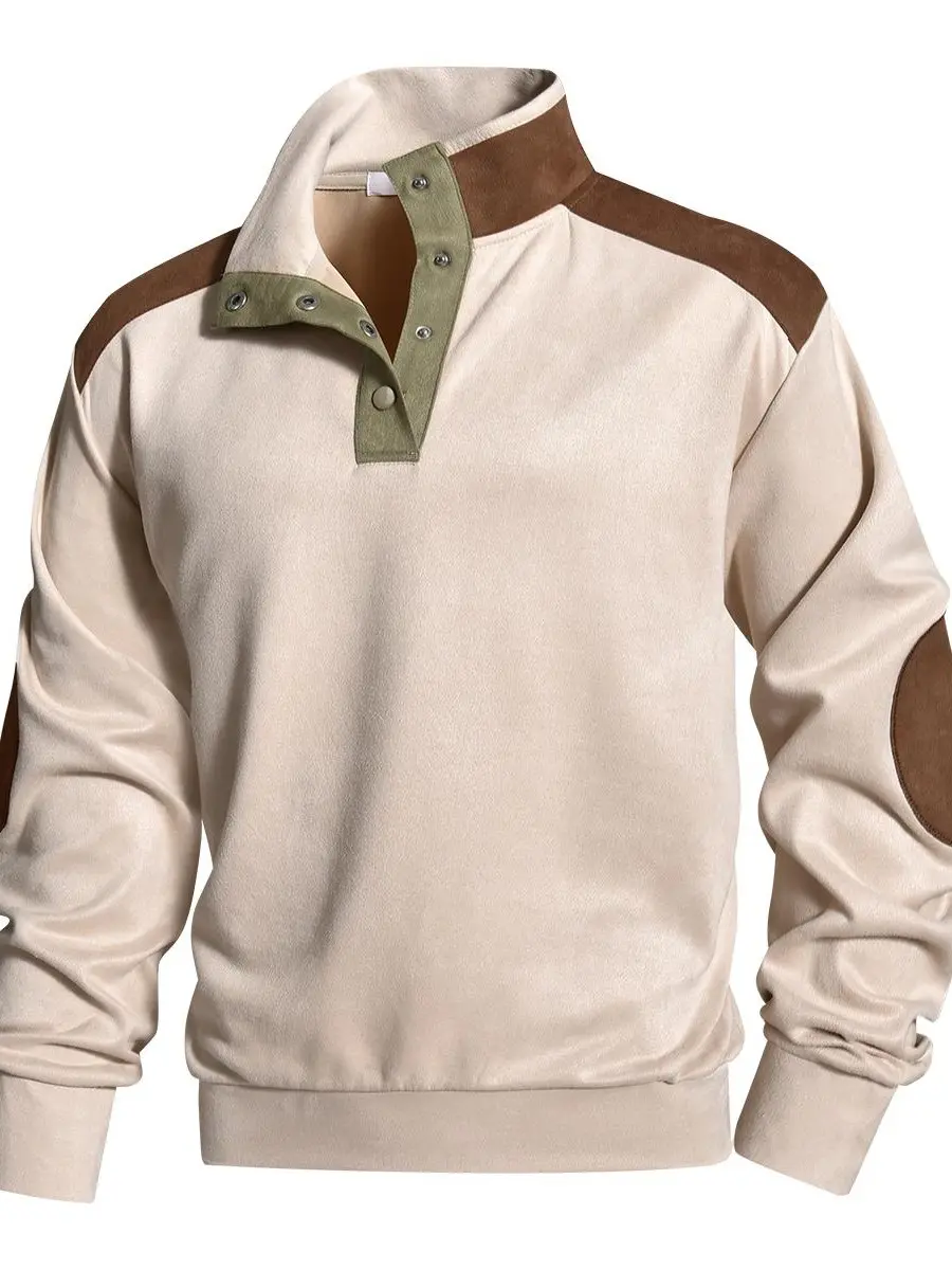 Men’s Retro Brown Silky Ribbed Velvet Half-Button Stand-Collar Knitwear Pullover - Contrast-Color Placket, Shoulder Stripe, Faux Suede Elbow Patches, Loose-Fit Long-Sleeve Urban Office Casual Top for Business, Fall Winter Outfits