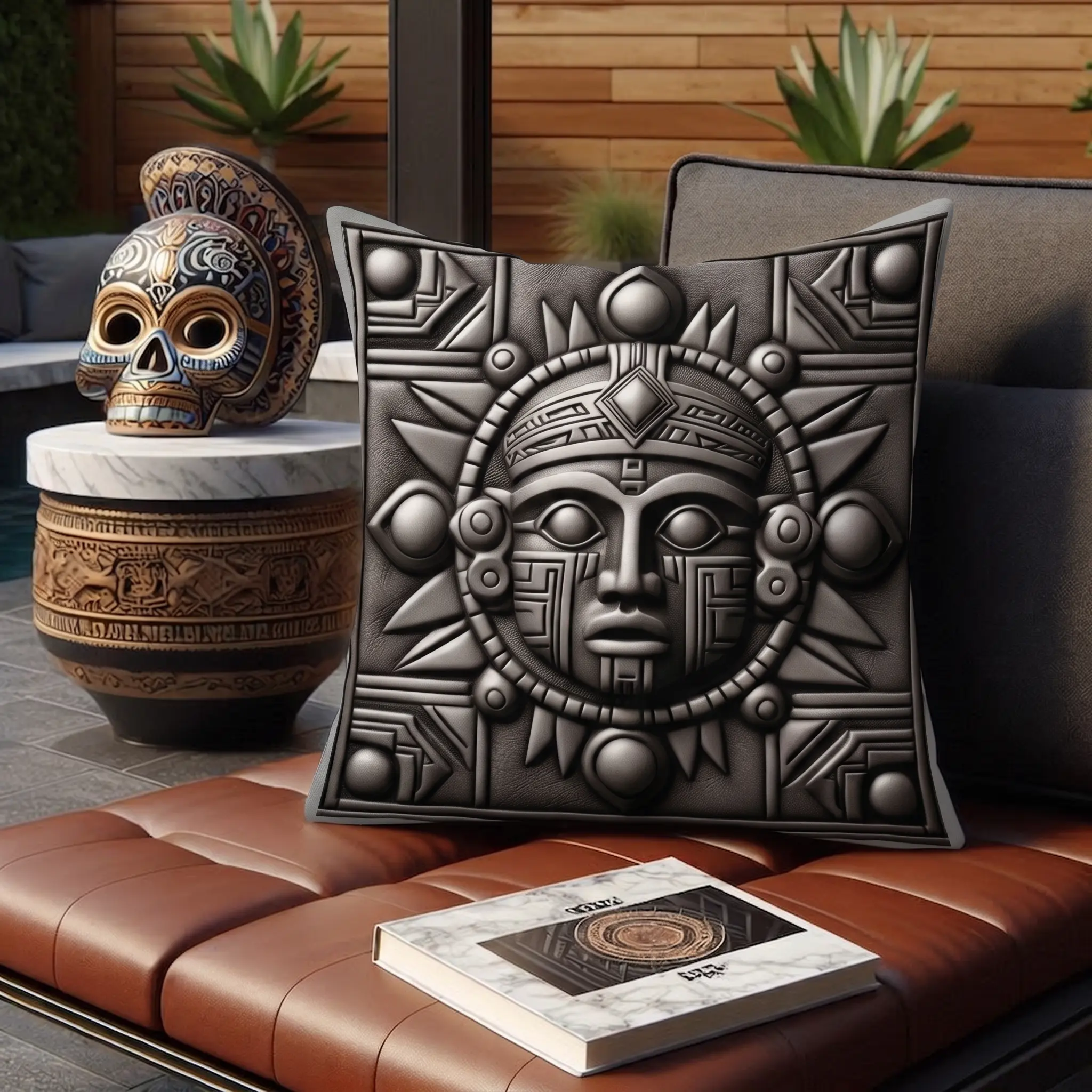 Sacred Space Indigenous Leather Carvings Design Premium Throw Pillow- All-over-print, Indoor/Outdoor Pillow, Patio Pillow, Porch Pillow, Chill Space Upgrade, Indigenous Luxury, Protector Energy, Gray aesthetic, Ancient Mayan Art, Melanin Tribe Decor