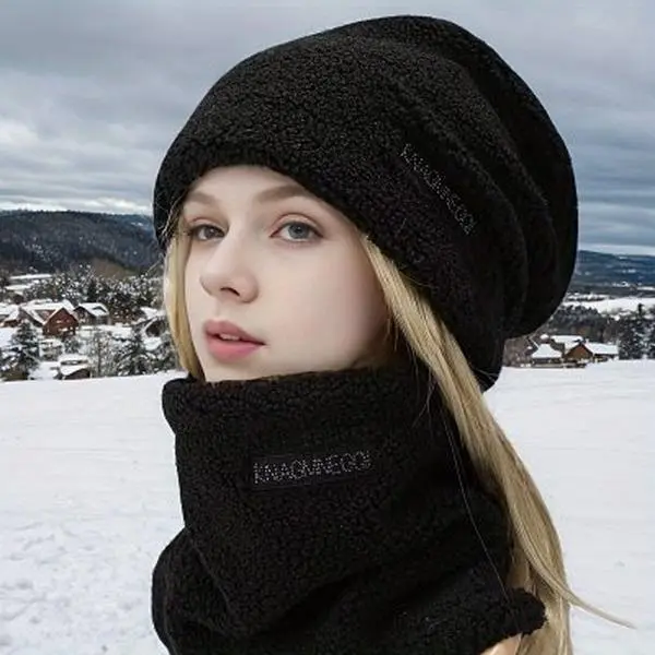 Hat and Scarf Two-Piece Set, Fleece-Lined and Thickened, Unisex, Outdoor Autumn and Winter Cycling Lamb Wool Hat