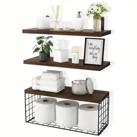 Wooden Bathroom Shelves, Wooden Shelf For Wall, 3 Counts/set Wall Mounted Storage Rack, Bathroom Interior Storage Organizer, Home Organizer, Floating Shelves, Wall Mount Design, Interior, Maximize Storage