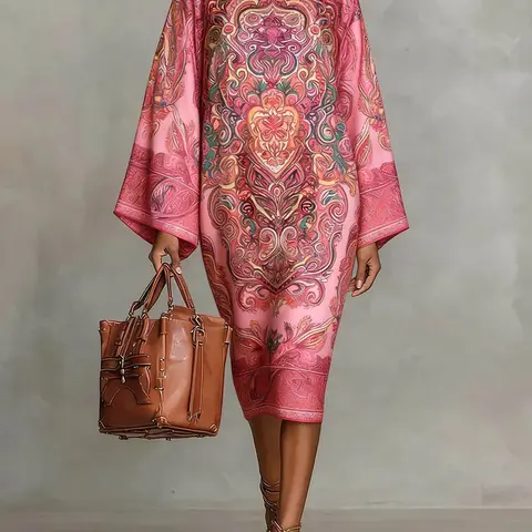 Women's 2026 New Spring Autumn Vintage Elegant Printed Mock Neck Midi Dress, Long Sleeves Loose Contrast Color Elegant Evening Midi Dresses Robe Womenswear