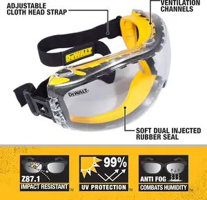 Dewalt DPG82 Concealer Anti-Fog Dual Mold Safety Goggle with Adjustable Cloth Head Strap & Soft Rubber Seal - 1 Pair