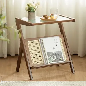 17.7'' Rattan Nightstand with Storage, Bamboo Accent Bedside Table for Small Space, Brown