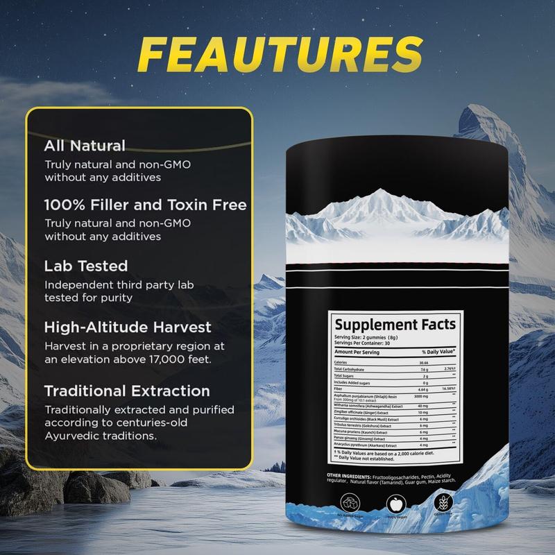 Himalayan Shilajit Gummies, Ashwagandha Gummies, 4 in 1 Gummie, with Black Musli, Gokshura, Ginger, Ginseng, Fulvic Acid 85 Micronutrients, Men and Women, Non-GMO 100% Natural Organic 60 Gummy