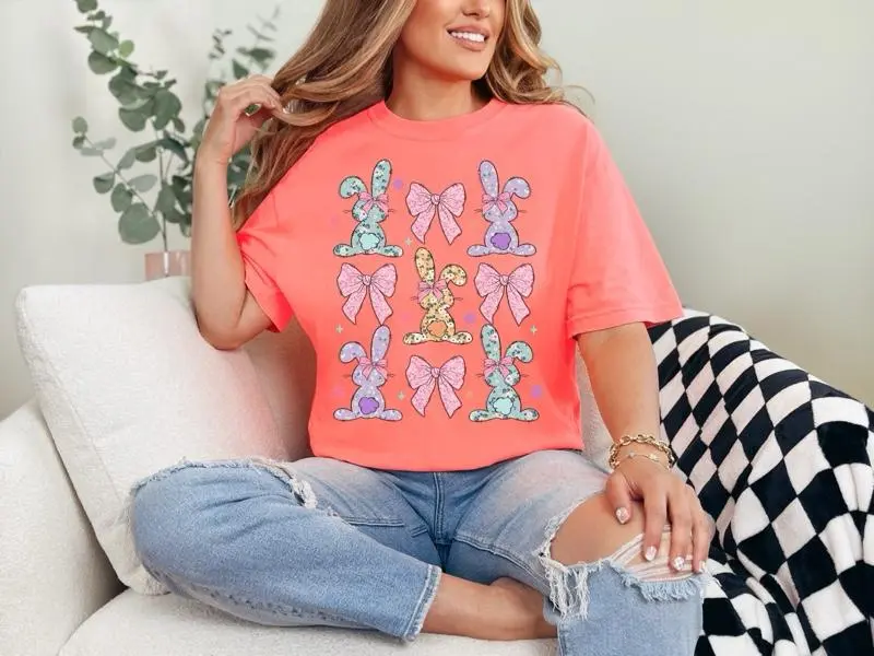 Bunnies And Bows T-shirt Comfort Colors Summer Everyday Style Shirtsleeve love casual comfortable super soft relaxed fit unisex Sizing womenswear Streetwear  vintage Crewneck Printed Loose Graphic Easter Bunnies