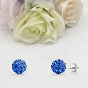 8mm Full Ball Stud Earring Push Back Blue Sapphire CZ 925 Sterling Silver Women Round Earring