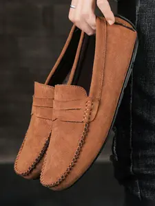 Men's Handmade Suede Slip-On Loafers, Rubber Sole Soft Lightweight Casual Driving Shoes, Business Casual Shoes