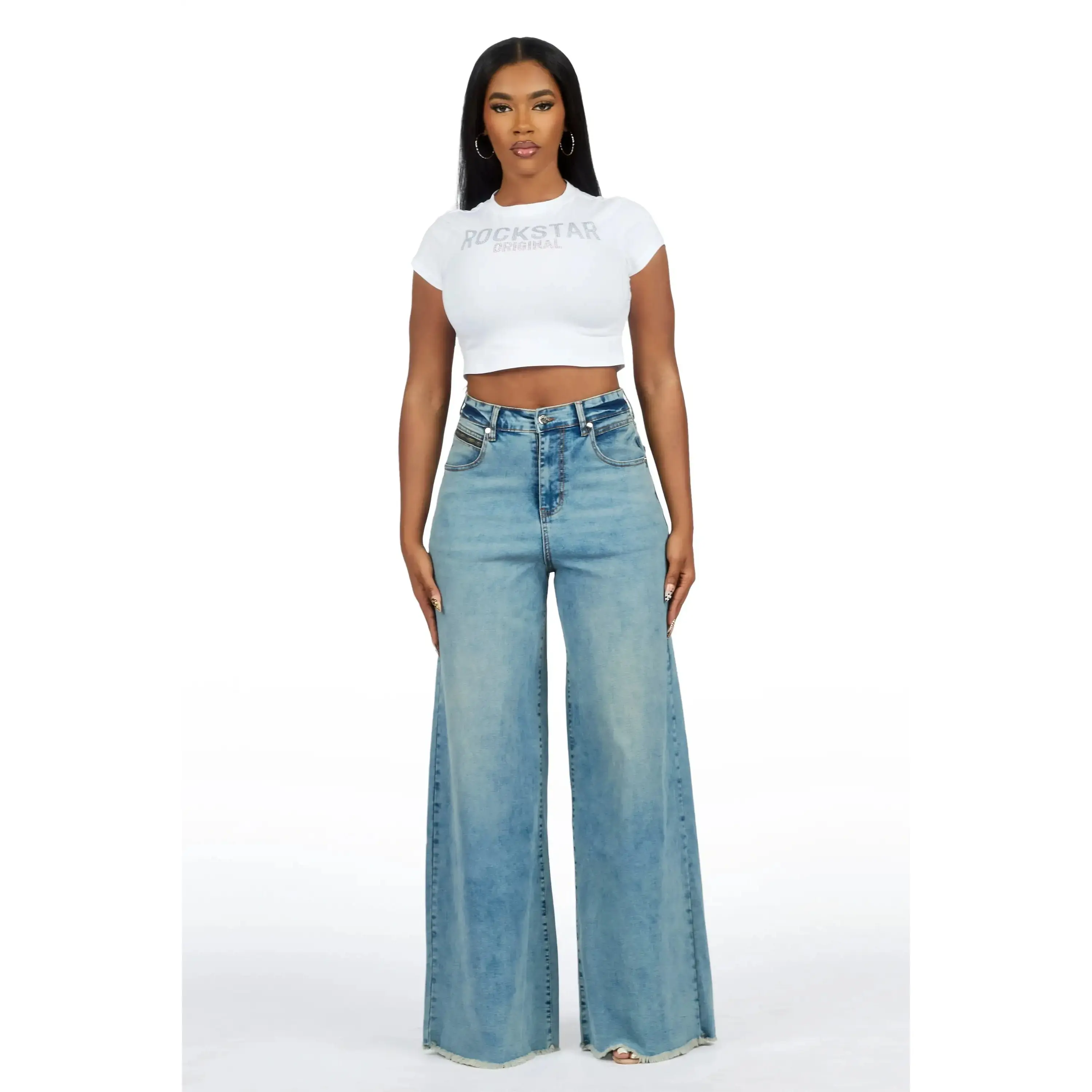 Cegaria Light Wash High Rise Elastic Back Stretch Baggy Jean