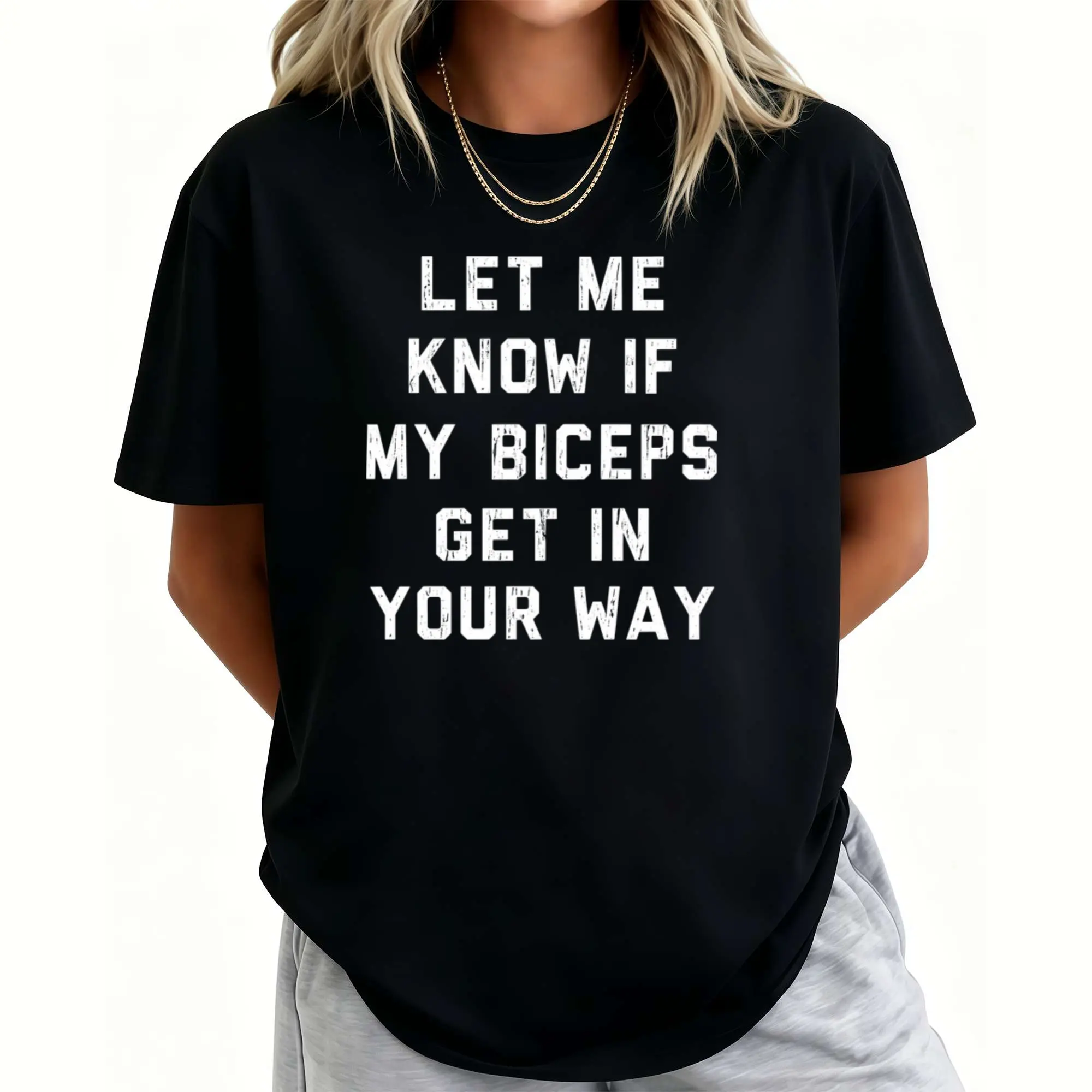 Funny Women's Gym Tee – 'Let Me Know If My Biceps Get In Your Way' with Crazy Dog Graphic, Perfect Workout Fitness Shirt