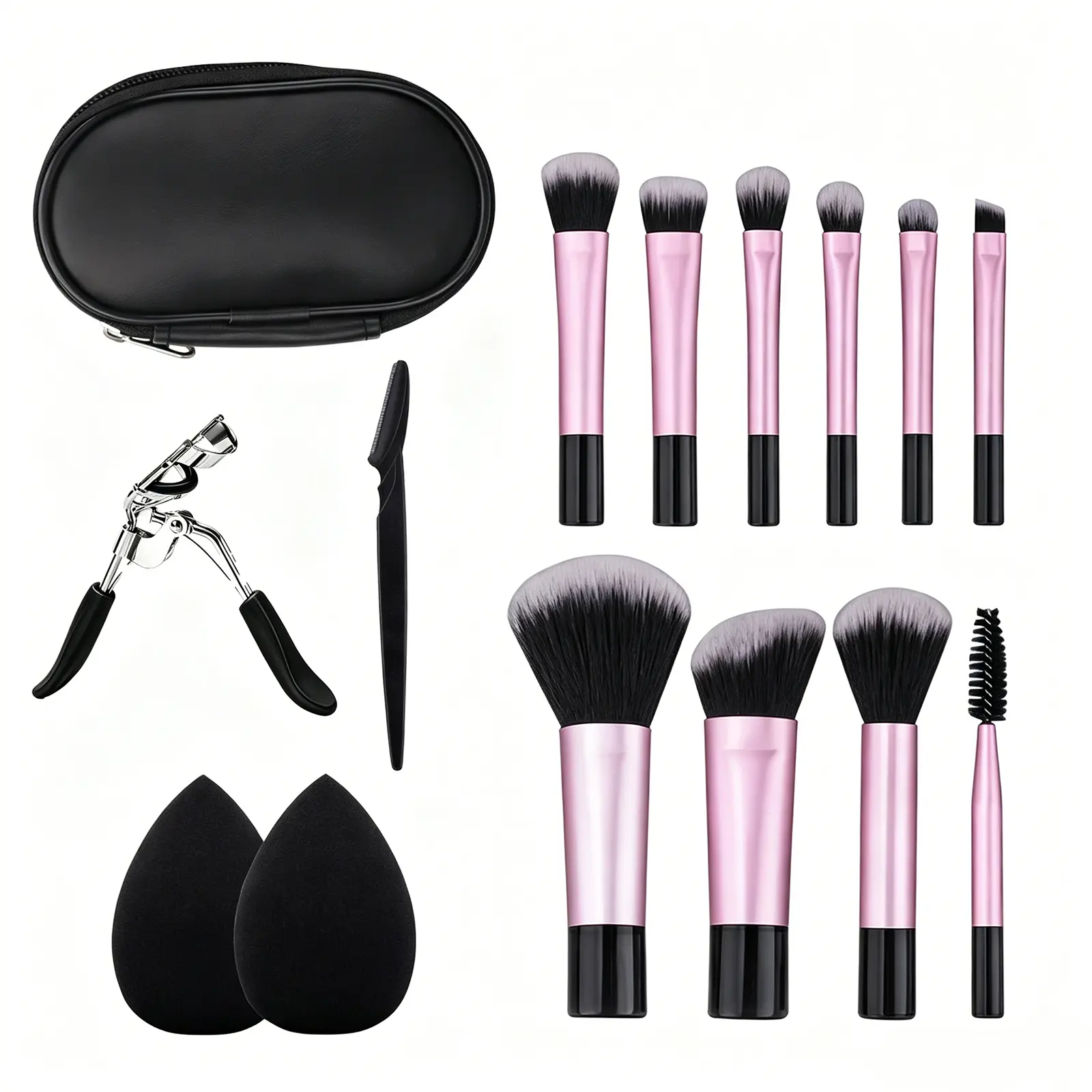 Kuyqd Makeup Brushes Set,Travel Makeup Brush Mini with Eyelash curler 14PCS Portable Brushes Kit 2 Makeup Sponge Eyebrow trimmer for Beginners, Makeup Artists Black