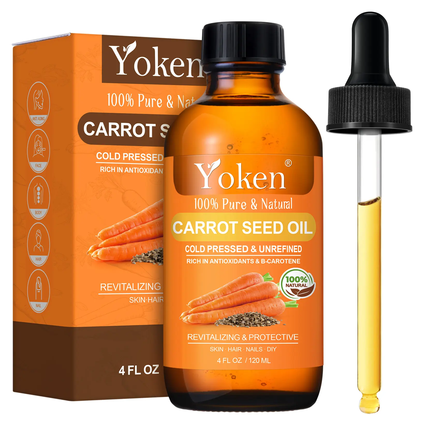 Yoken Cold Pressed Carrot Seed Oil 4oz, Pure Carrier Oil for Skin & Hair | Lightweight Carrot Seed Oil for Daily Moisturizing Scalp Care Body Massage Nail Care Aromatherapy and Essential Oil Blends
