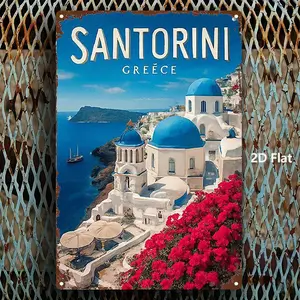 2D Flat, 1pc Santorini Greece Metal Wall Art Sign - White & Blue Greek Island Landscape with Iconic Dome Churches, Aegean Sea Cliffs & Donkeys - Iron Plate Greek Island Decor for Home, Bar, Cafe, Restaurant - Santorini Souvenir Gift, 2D Flat