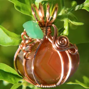 Copper Wire Wrapped Banded Carnelian Crystal Pumpkin Pendant with Green Aventurine Leaf