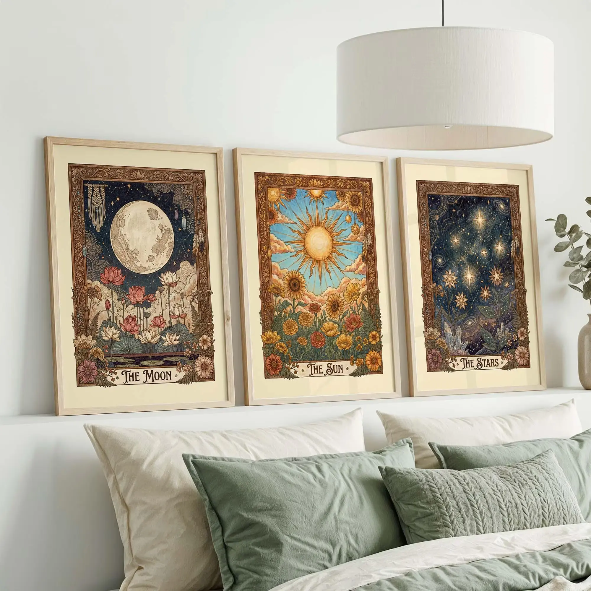 Tarot Wall Art Set Of 3: Vintage Celestial Botanical Prints (Sun Moon Stars)
