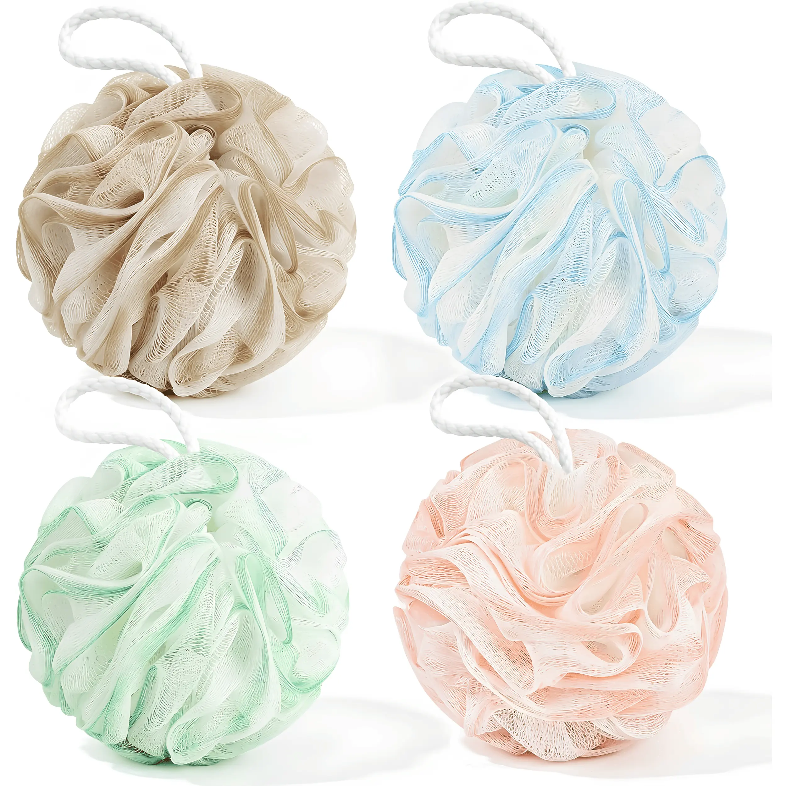 4 Pack Loofah Bath Sponge Set Soft Exfoliating Shower Poufs with Hanging Loop, 60g Body Scrubber for Women & Men, Rich Lather Mesh Bath Sponges for Deep Cleansing, Spa, Bathroom & Daily Shower, Pastel Colors
