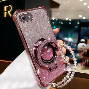 SE 2020 Lady Series Fashion Strap Lanyard Phone Holder Case For Compatible With iPhone SE 2020 PC Cover and Impact Resistant Shockproof Protection Glittery with Crystal Style Chain Protector Cases Accessories