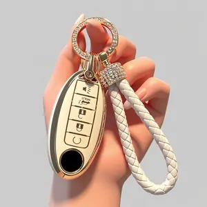 for Nissan Key fob Cover,Soft TPU 360°Car Key Case Protector with Keychain Compatible with Altima Sentra Rogue Pathfinder Murano Armada Maxima Versa ect 5 Buttons Smart Keys (black white)