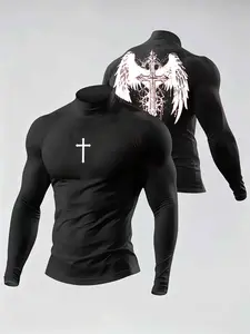 Men's Compression Mock Neck Long Sleeve Shirts Gothic Cross & Angel Wings Graphic Tee, Slim Fit Athletic Style Activewear Workout Tops, Quick Dry Breathable Base Layer for Gym, Running, Streetwear, Emo Aesthetic Black T-Shirt