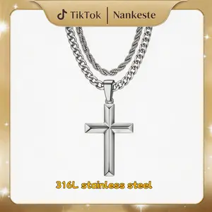 316L stainless steel Cross Necklace for Men - Layered Cross Pendant Necklaces Waterproof Stainless Steel Cuban Link Rope Chain Silver Necklace Stack Jewelry with Gift Bag 20-22 Inches