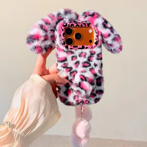 wo-Tone Leopard Rabbit Ear Plush Lanyard iPhone Case | 3D Long Ears + Fur Ball Chain | Soft Fur, Shockproof & Protective | Fall-Winter Cute-Edgy Eye-Catching Style For iPhone14-17 Cover