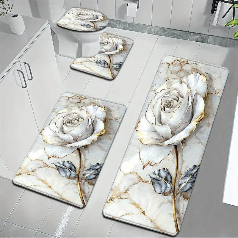 DearTex 4-Piece Luxury Floral Bathroom Decor Set - Art-Inspired Anti-Slip Absorbent White Rose Gold Marble Bath Mat, Washable U-Shaped Toilet Contour Mat, Toilet Lid Cover for Modern Elegant Bathrooms, Art-Inspired Bath Mats