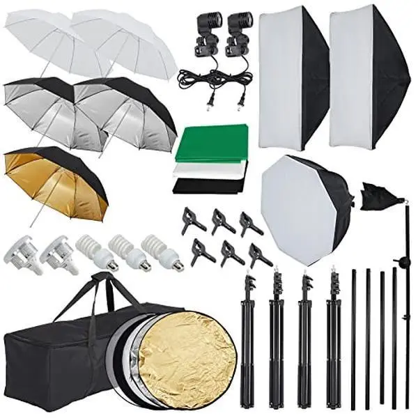 Gaomon Photography Lighting Kit - 8.5ft x10ft Adjustable Aluminum Alloy Quick Lock Backdrop Stand, 5 Tripod Stands, LED Fill Lights, Bulb, Polyester Backdrops, Umbrella Softbox for Portrait Product Photo Shoots, Adjustable Light Stand
