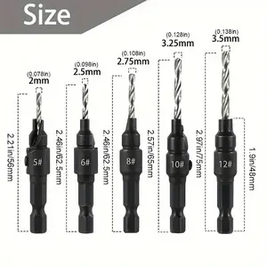 Premium Woodworking Countersink Drill Bit Set - High-Quality, Versatile Hex Shank, Tool Accessories for Smooth Hole Enlargement, Perfect for DIY Home Projects with Sizes #5 #6 #8 #10 #12 and Included L-Wrench Drill Bits Set