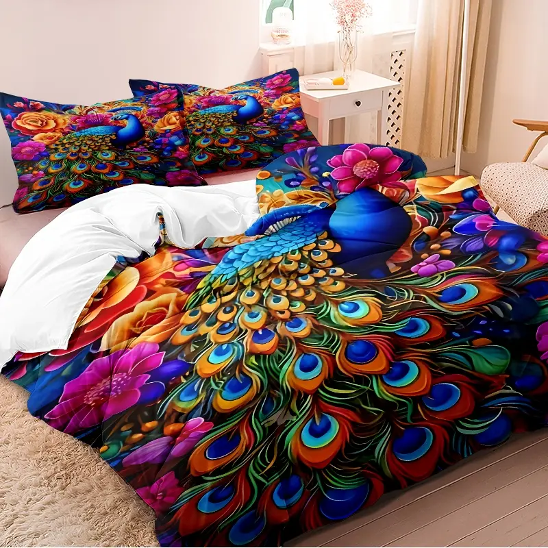 3-piece duvet cover set features a luxurious peacock floral pattern and 3D digital printing technology. Suitable for bedroom and guest room bedding (includes 1 duvet cover and 2 pillowcases, duvet insert not included). Machine washable with a zipper.