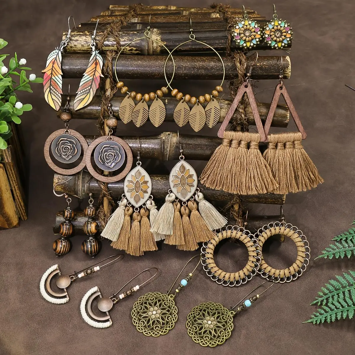 A Set of 10 Pairs of Vintage-Style Ethnic Women'S Fashion Drop Earrings in a Brown Series, Featuring Various Colors And Styles Made of Zinc Alloy with Fabric Tassels