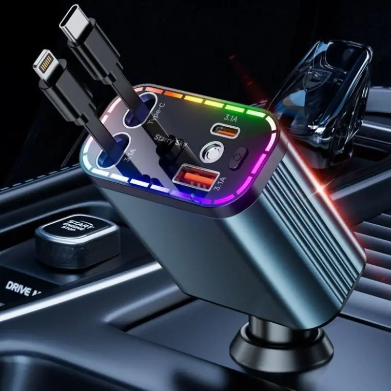 4 in 1 Retractable Car Charger  Car Charger USB  Fast Charging, Car Accessories, Car Adapter Travel Essentials Gifts