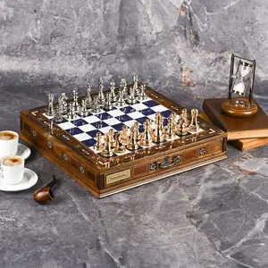 Large Metal Chess Set, Wooden Chess Set with Board,Luxury Chess Game, Handmade Classic Strategy Game, Gift for Dad, Husband,Decorative Chess