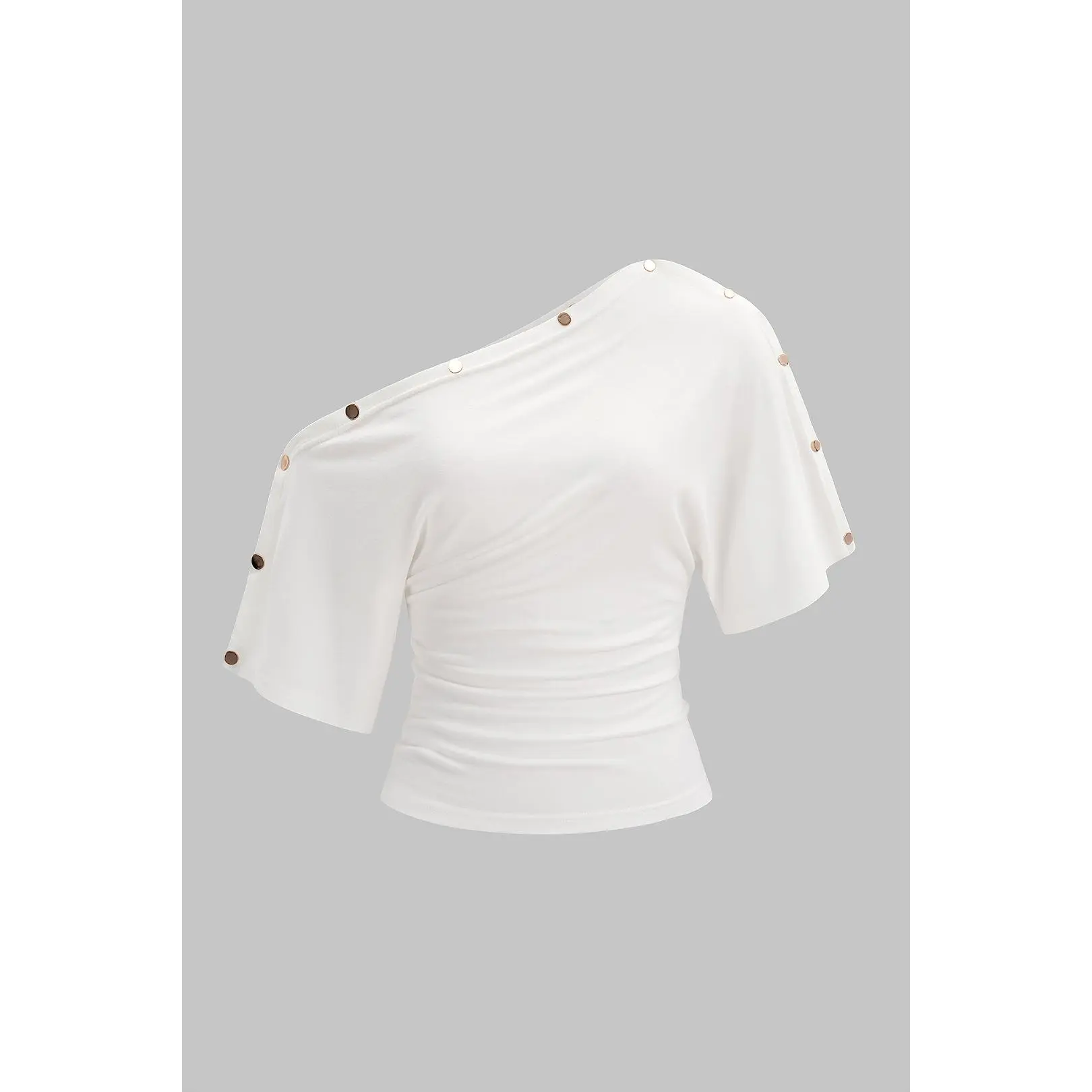 One Shoulder Metallic Button Short Sleeve T-Shirt