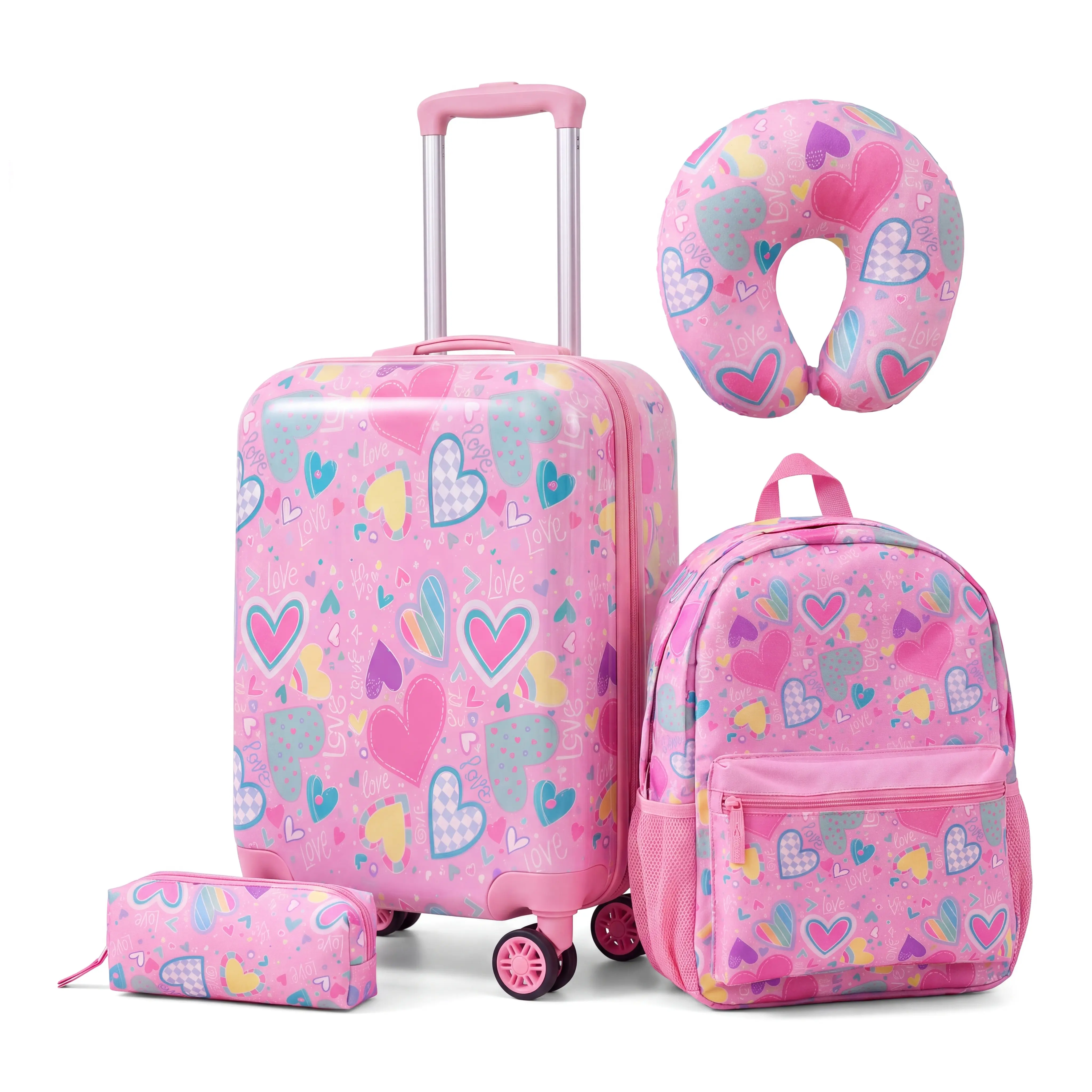 5 Piece Kids Hardside Spinner Luggage Set | Pretty Pink Colorful Heart Carry On Suitcase with Backpack, Lunch Box & Neck Pillow for Girls | Cute Love School Vacation Combo 2026