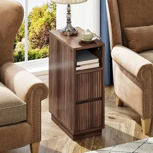 8.7" Narrow Fluted Nightstand, Small Bedside Table with Drawers, Skinny Side Table, Modern Nightstand with 1 Semi-Open Shelf, Floating End Table, for Living Room, Bedroom, Walnut MBZ12HT