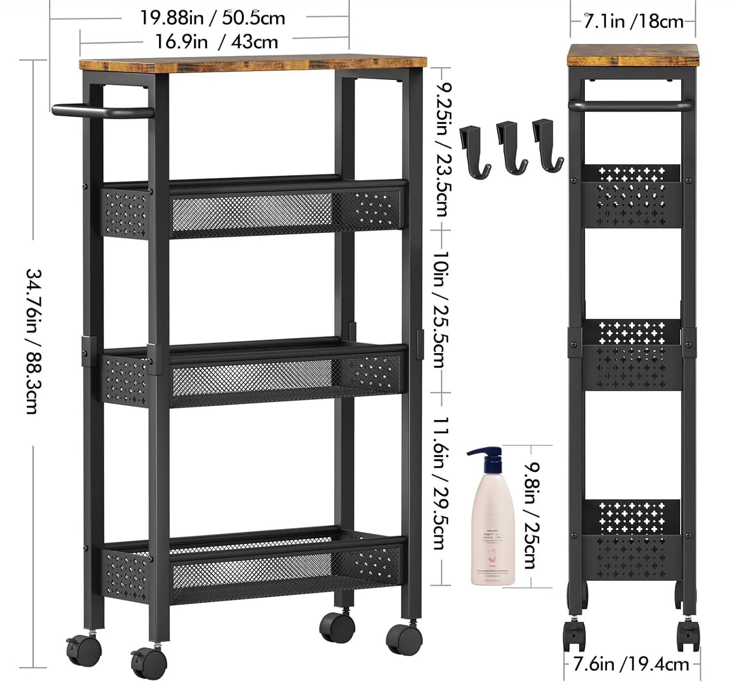 Black 4 Tier Slim Rolling Laundry Cart 7.1 Inch Narrow Metal Frame Utility Cart With Lockable Wheels Wooden Top Handle For Laundry Bathroom Kitchen Storage