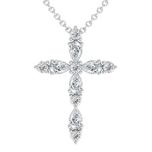 3/4Ct Diamond Cross Round & Pear Shape 14k Gold Necklace Lab Grown 1" Tall