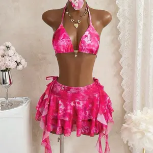 2026 Spring/Summer Y2K 3-Piece Swimwear Set, Blush Pink Floral Spaghetti Strap Halter Neck Triangle Top, Side Tie Triangle Bottom, Multi-Layer Jellyfish Ruffle Cake Skirt for Vacation Casual Soft Sweet Outfits