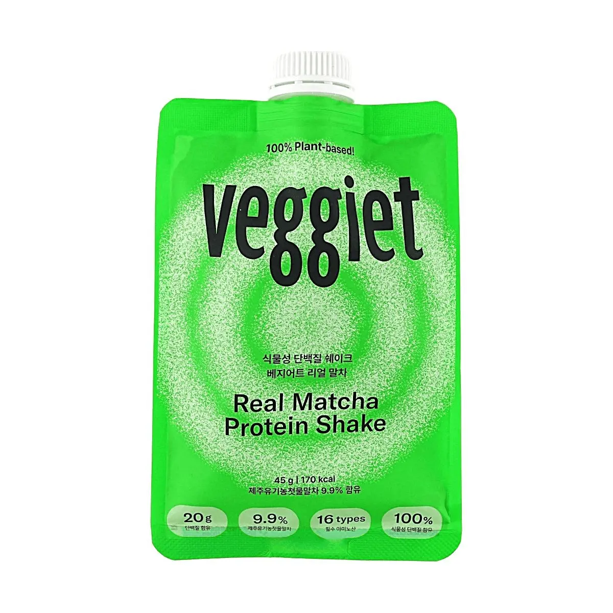 VEGGIET Korean Matcha Plant Protein Powder Shake - 100% Vegan Pea Protein with Chicory Root Fiber, Jeju Organic Matcha, 45g