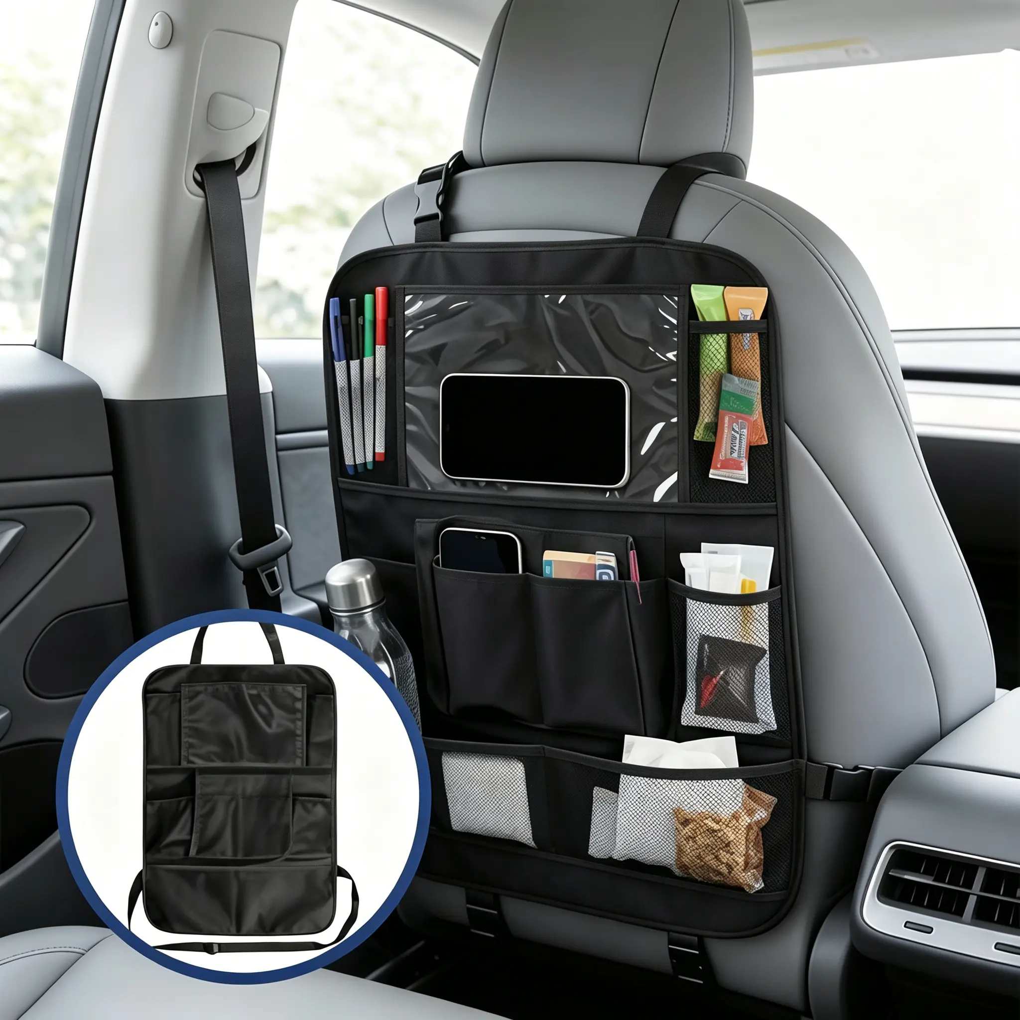 Car Seat Back Storage Organizer, Multi-Pocket Durable Backseat Storage Bag Foldable Auto Back Seat Hanging Caddy, Large Capacity Car Organizer for Tablet, Water Bottles, Snacks, Travel Essentials for Kids Road Trip, Road Trips, Clutter-Free Backseat, Orga