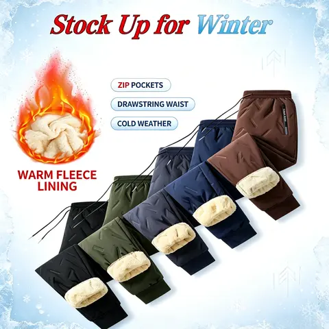 Men's Thermal Hiking Snowpants - Woven Polyester Fleece-Lined Thermal Bottoms, Ribbed Elastic Waistband, Zippered Pockets, Machine Washable, Suitable for Home & Outdoor Use, Men's Thermal Bottoms