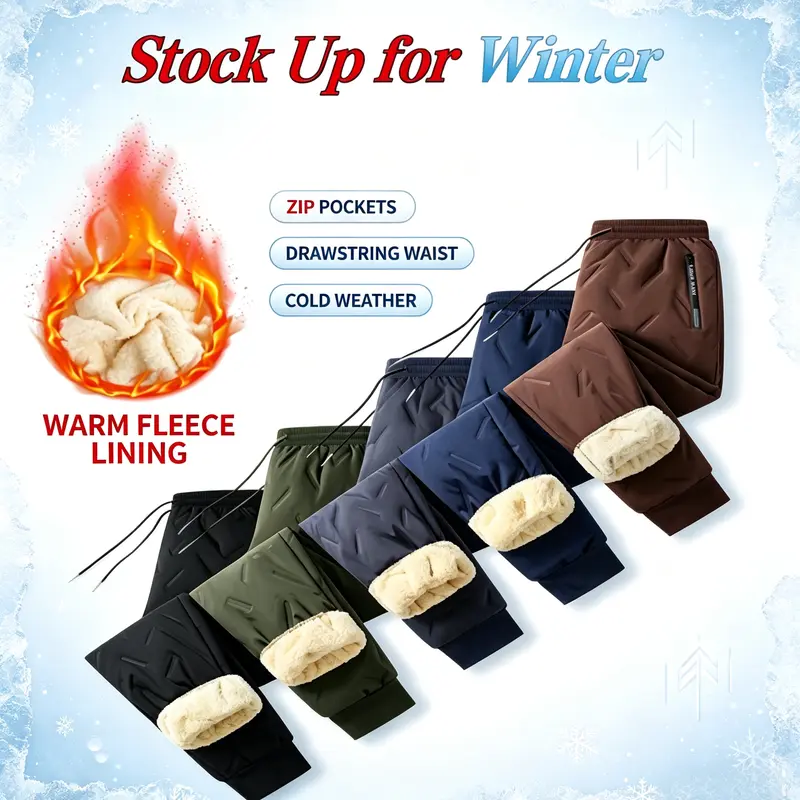 Men's Thermal Hiking Snowpants - Woven Polyester Fleece-Lined Thermal Bottoms, Ribbed Elastic Waistband, Zippered Pockets, Machine Washable, Suitable for Home & Outdoor Use, Men's Thermal Bottoms